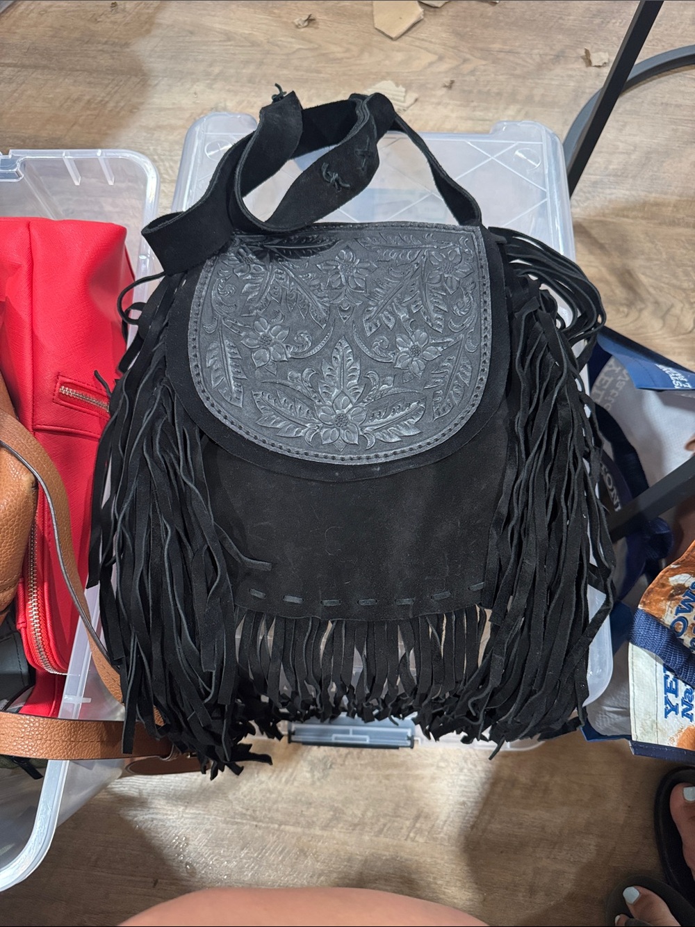 Black Fringe Suede Crossbody Bag with Embossed Flap